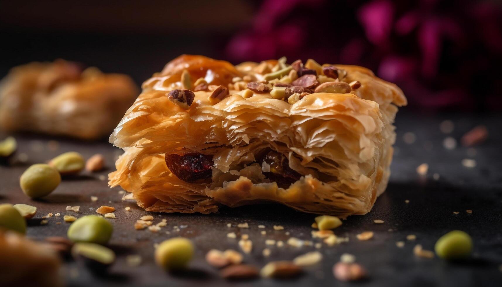 hemlagad baklava, en ljuv flathet på trä genererad förbi ai foto