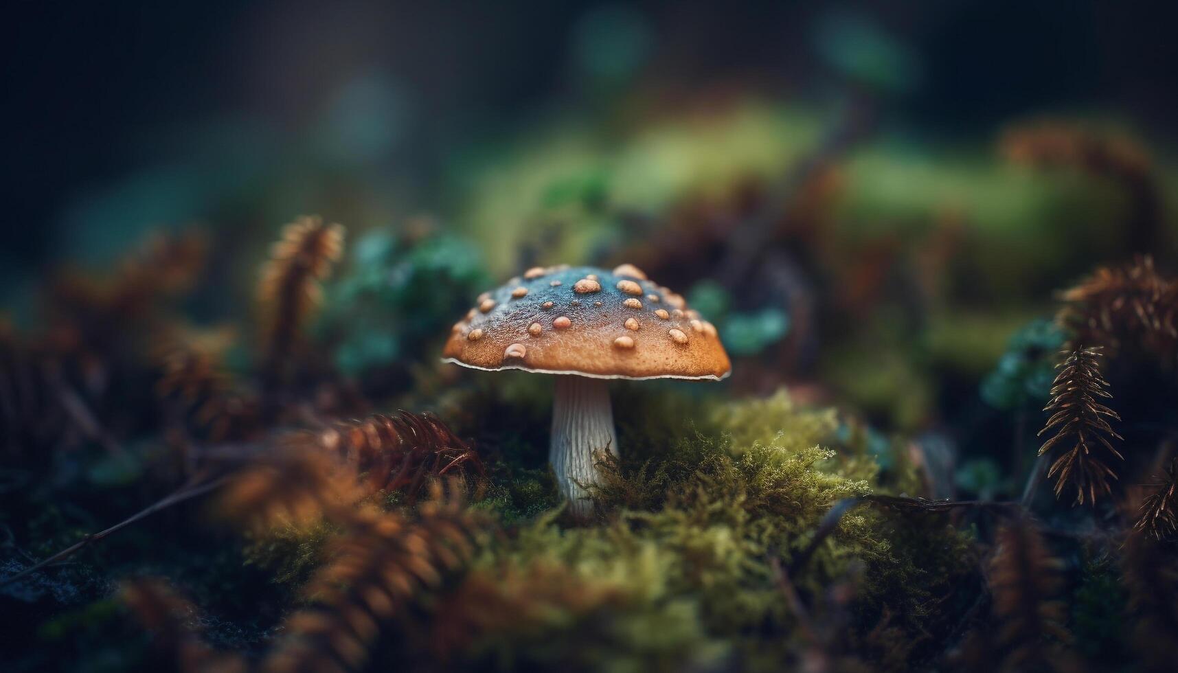 färsk flyga agaric svamp keps fick syn på utomhus genererad förbi ai foto