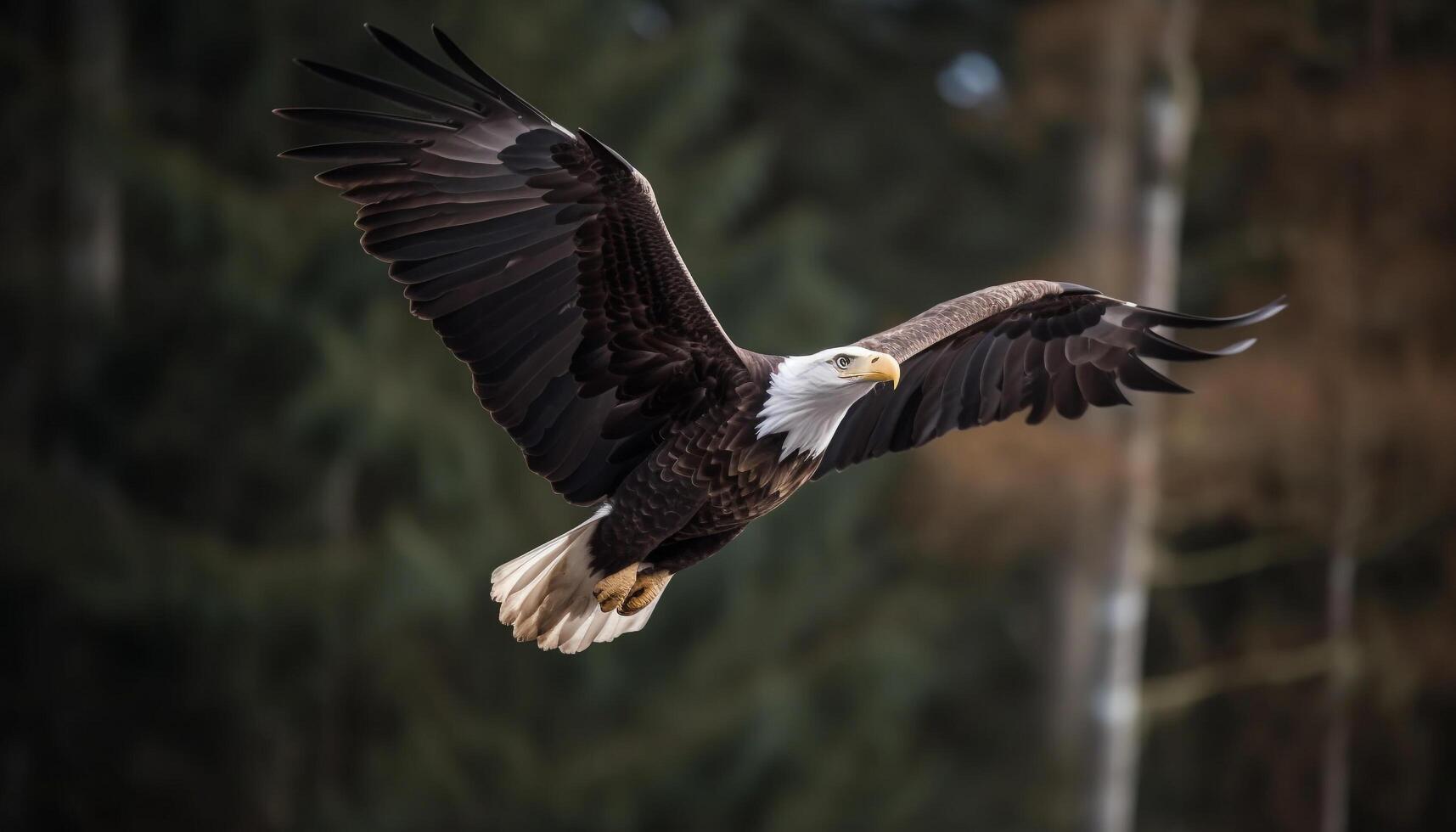 skallig Örn sprider sig majestätisk vingar i flyg genererad förbi ai foto