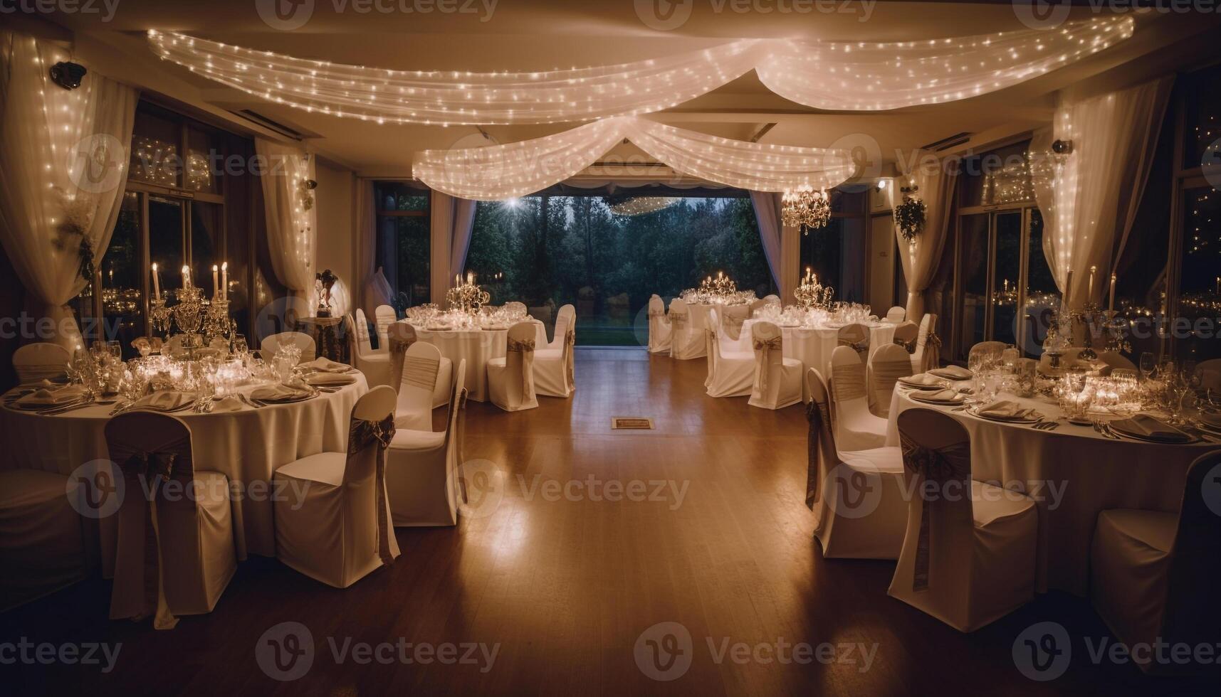 lyx bröllop reception med elegant tabell dekor genererad förbi ai foto