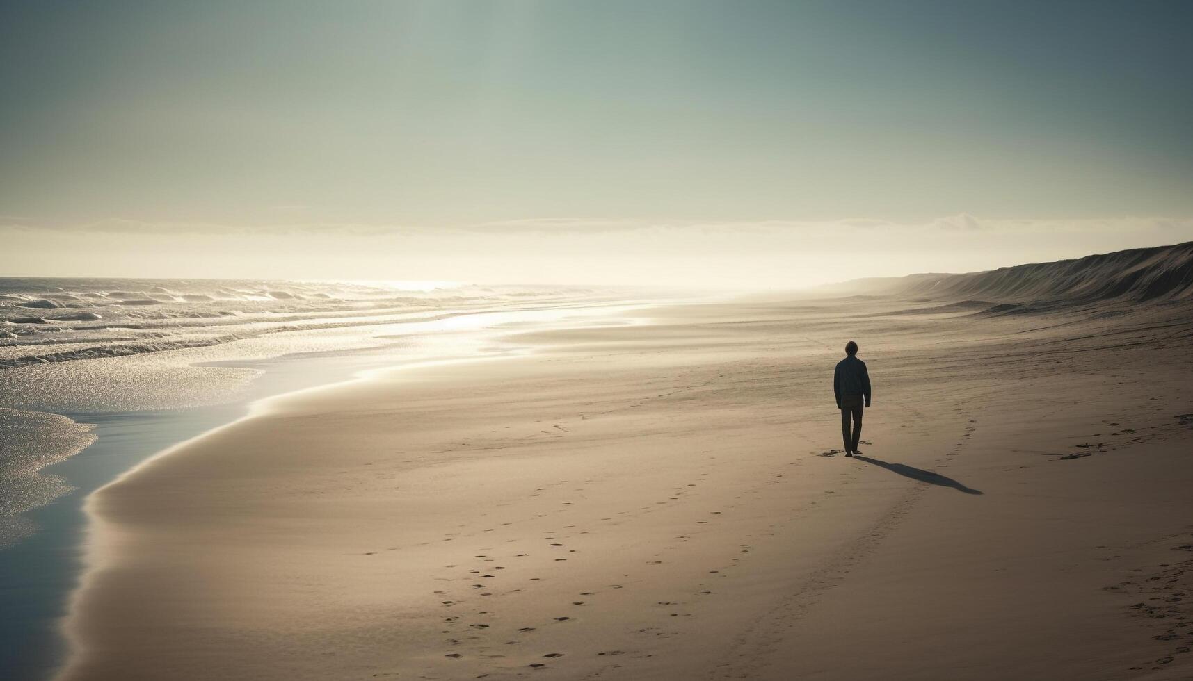 silhuett av ett person gående på sand dyn genererad förbi ai foto