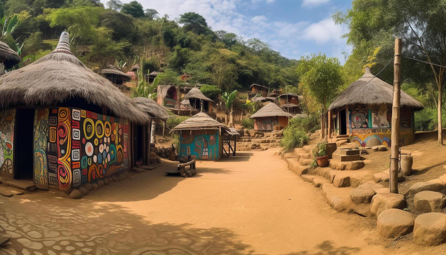 halmtak tak punkt idyllisk afrikansk lantlig landskap genererad förbi ai foto