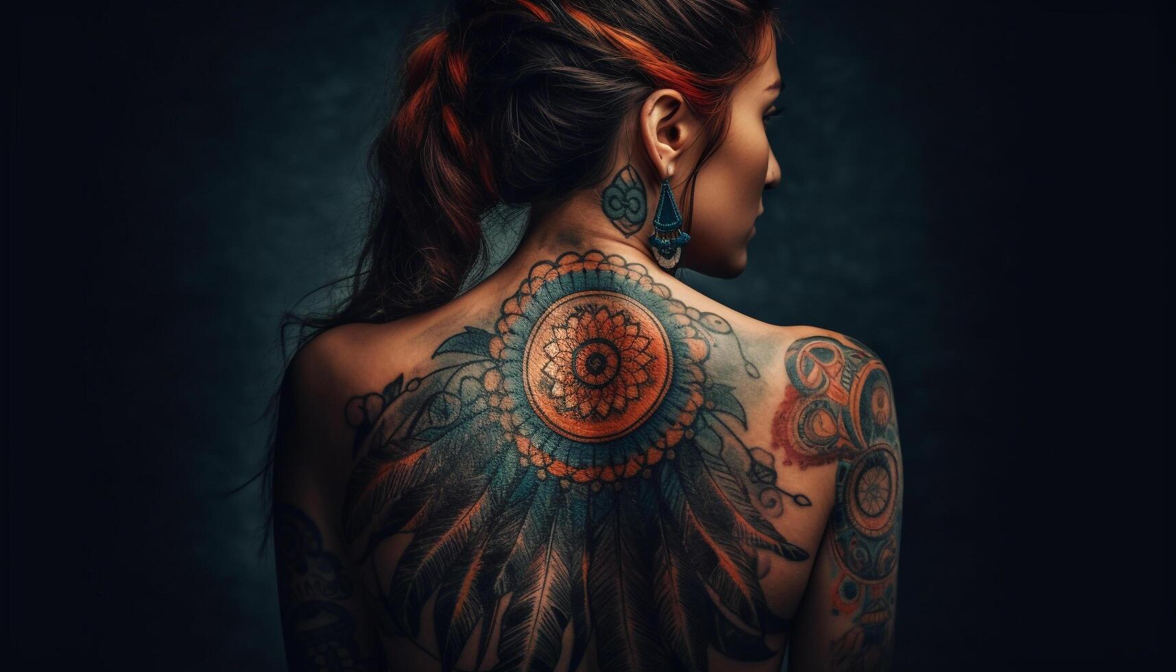 ung kvinna tatuerade tillbaka utstrålar sensualitet och elegans genererad förbi ai foto