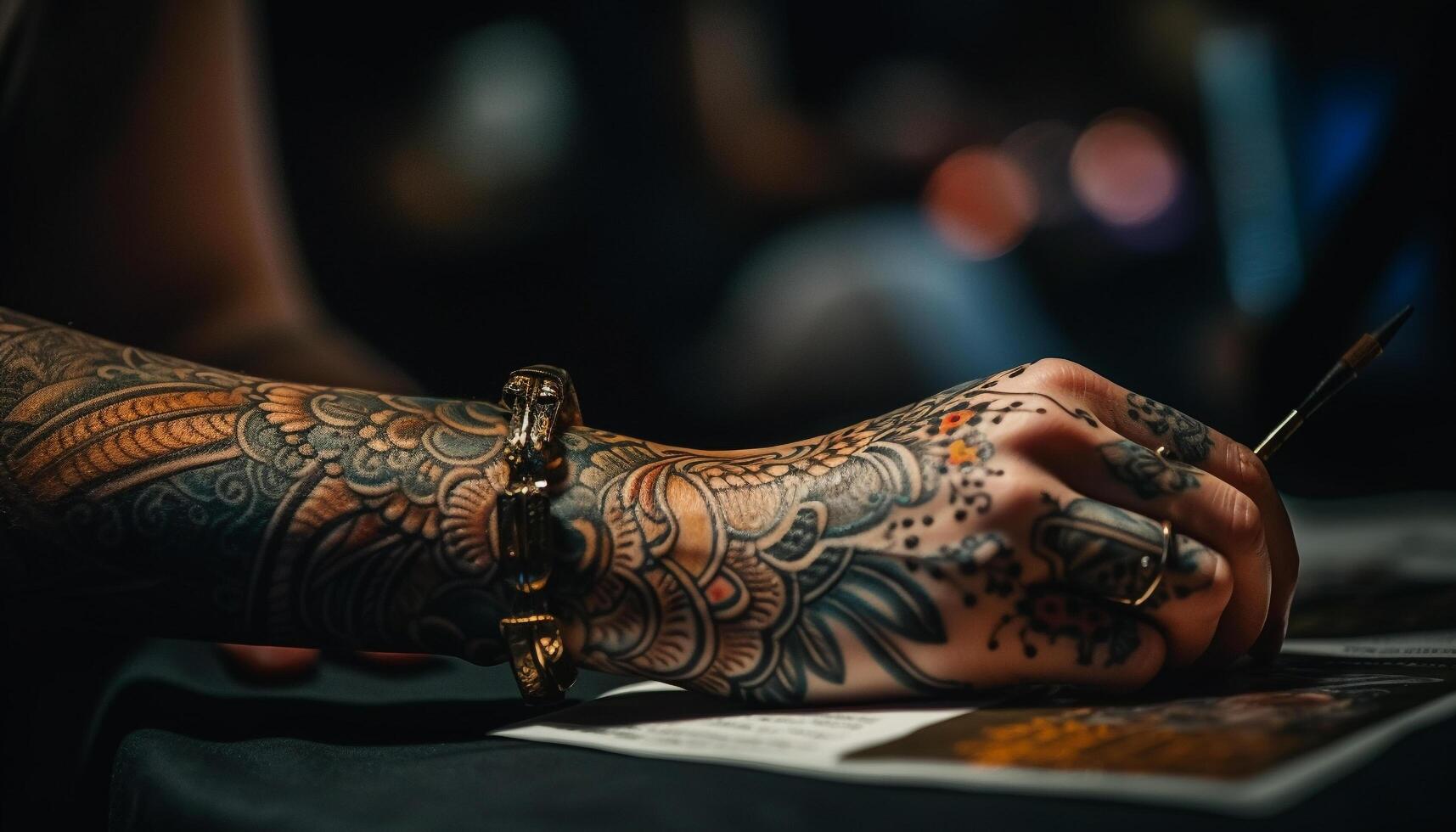 ung vuxen konstnär arbetssätt på henna tatuering genererad förbi ai foto
