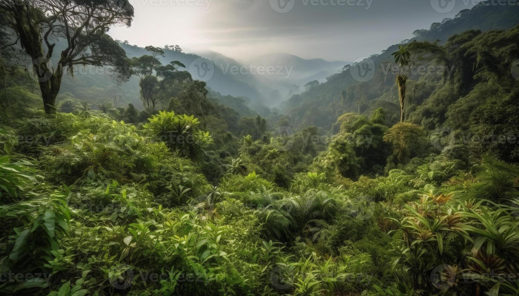 grön berg räckvidd, dimmig tropisk regnskog äventyr genererad förbi ai foto