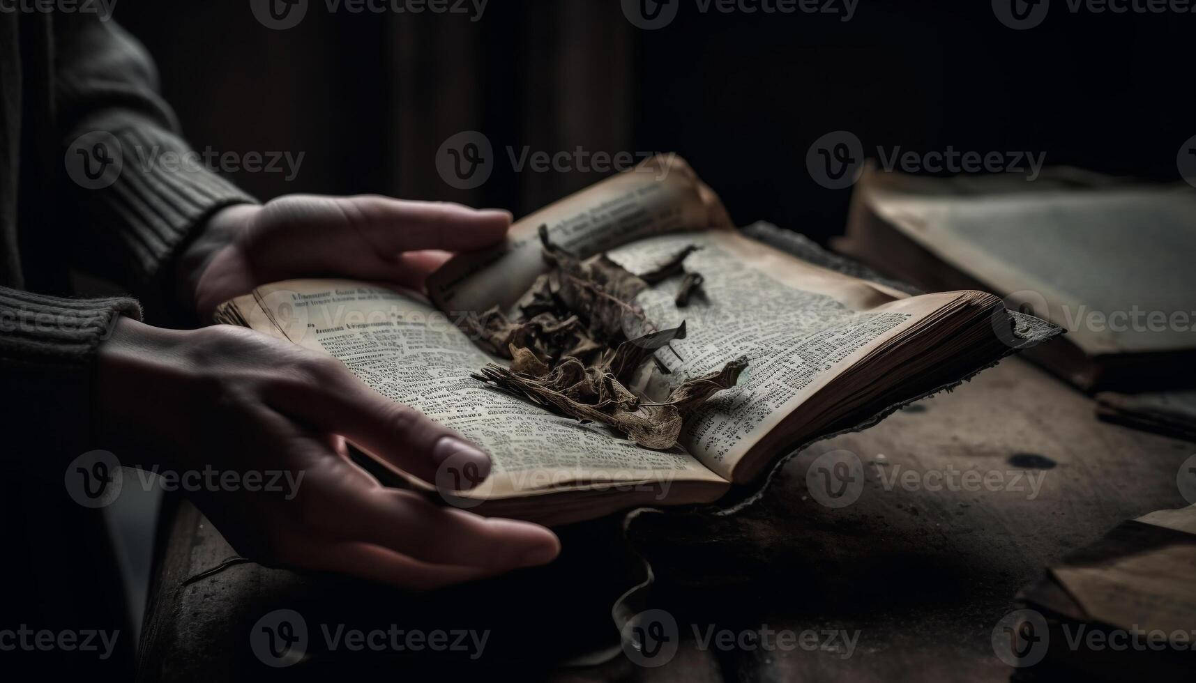 hand innehav gammal bibel, studerar religiös visdom genererad förbi ai foto