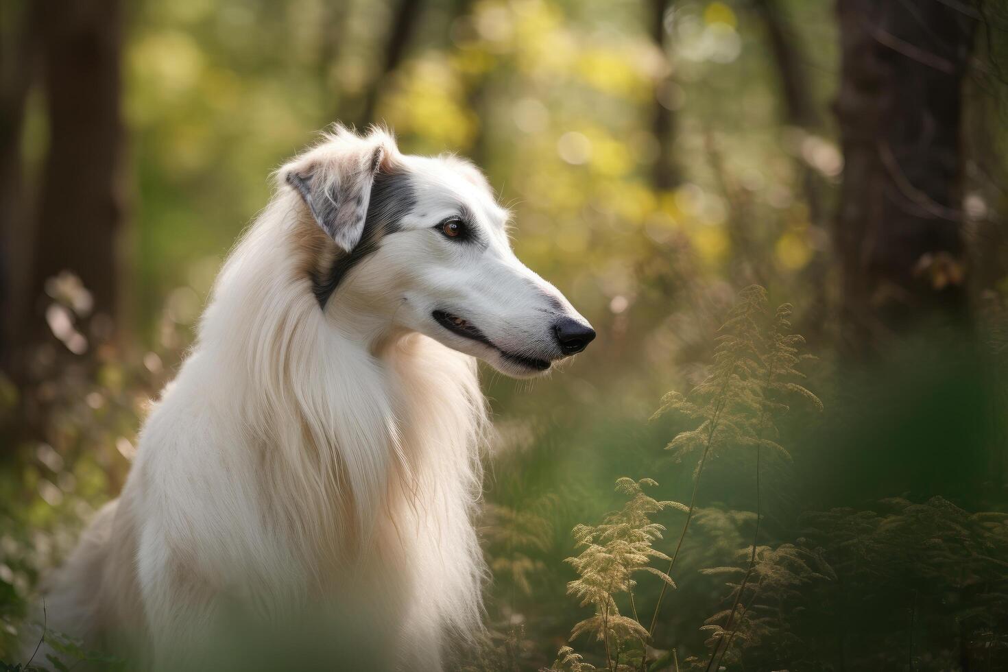 porträtt av en skön borzoi hund i de skog ai genererad foto