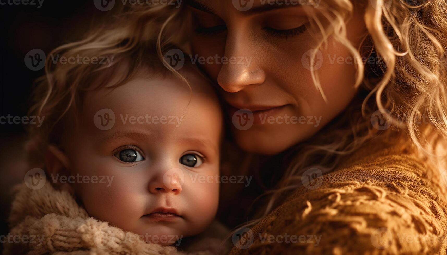 mor och barn omfamning i natur, strålande kärlek och lycka genererad förbi ai foto