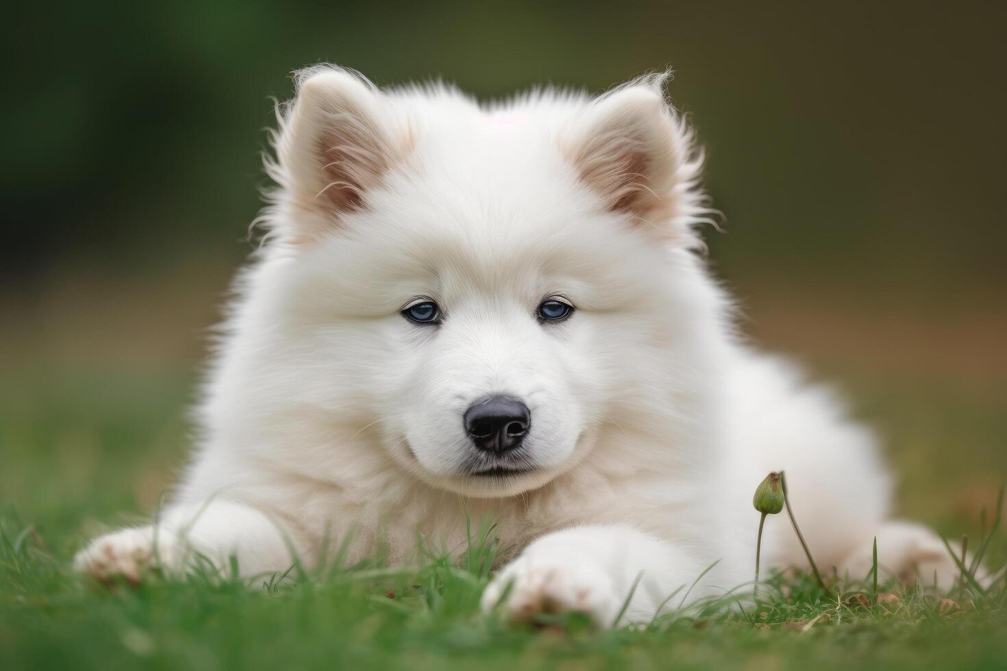 söt samojed valp liggande på de gräs i de trädgård ai genererad foto