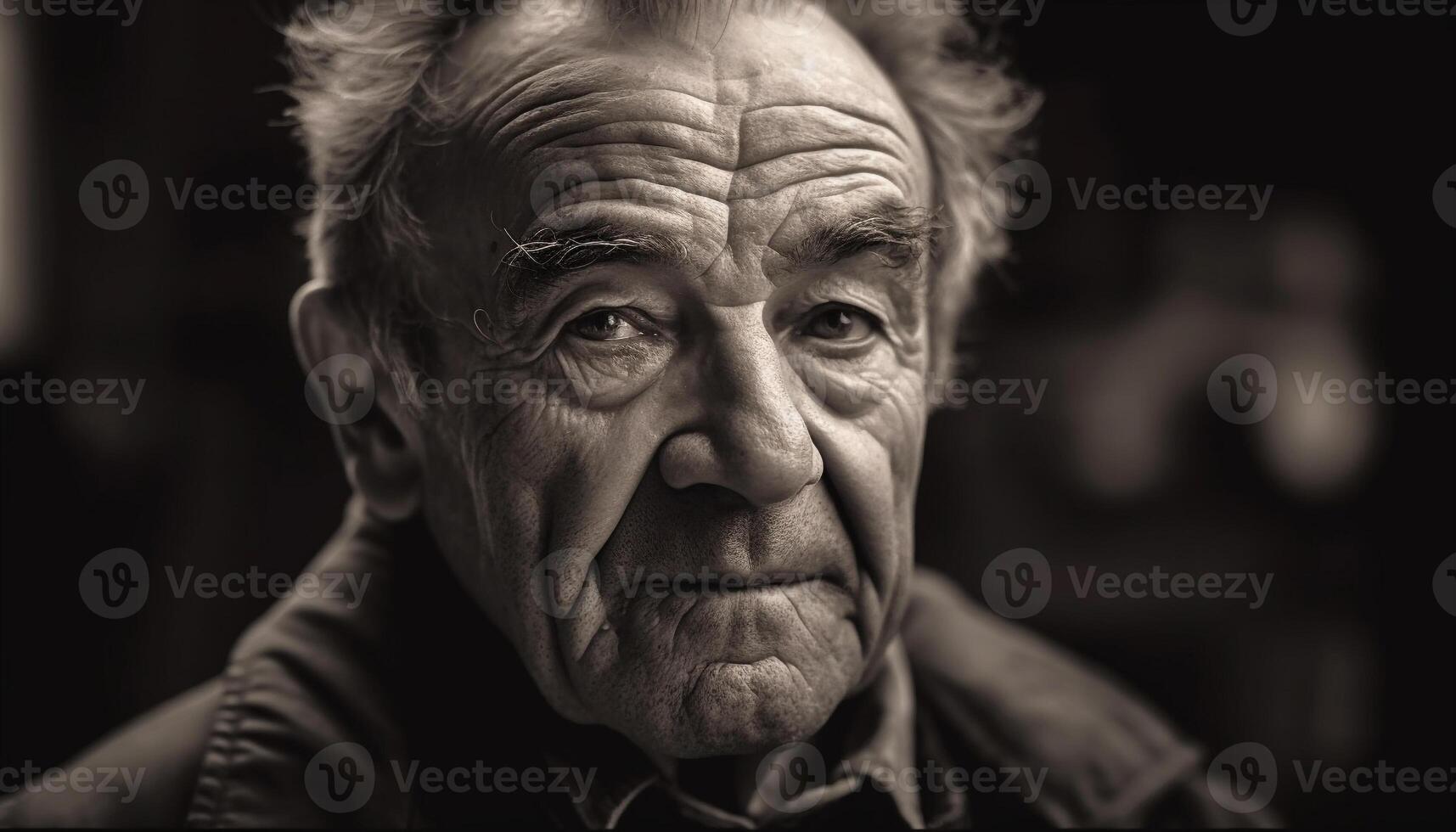 gammal man med grå hår ser ledsen i utomhus- porträtt genererad förbi ai foto