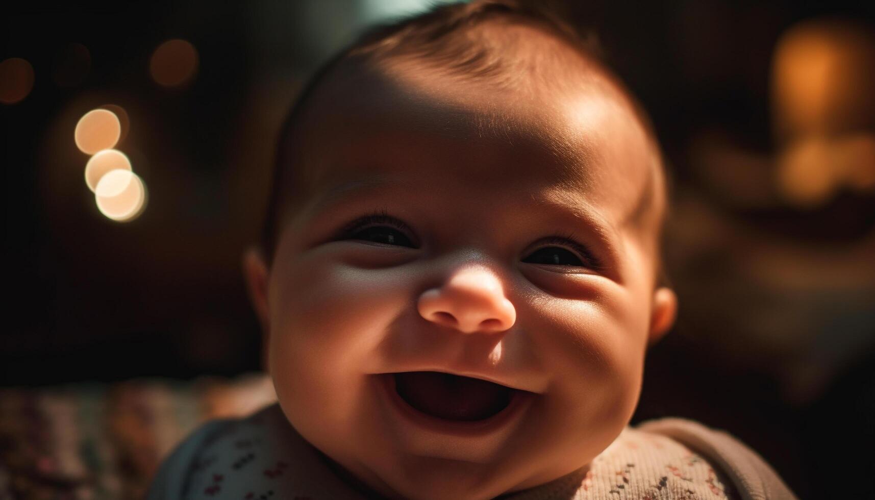 leende bebis pojke ger glädje och skratt till familj inomhus genererad förbi ai foto