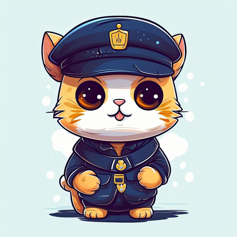 söt kattunge polis tecknad serie illustration på en vit bakgrund. färgrik kattungar bär polis kostymer uppsättning design. söt kattunge soldat och polis design. färgrik polis kattunge tecknad serie. ai genererad. foto