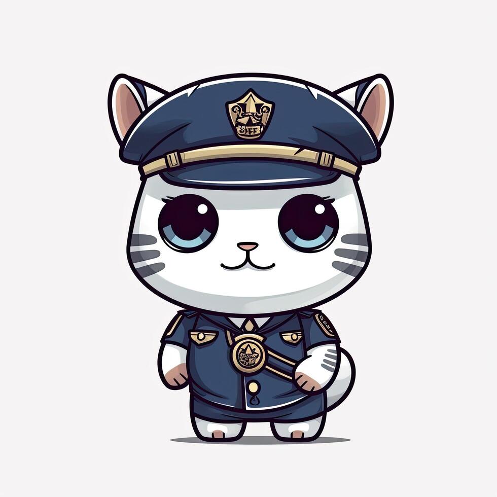 färgrik kattungar bär polis kostymer uppsättning design för barn färg sidor. söt kattunge polis tecknad serie illustration på en vit bakgrund. färgrik polis kattunge tecknad serie samling. ai genererad. foto