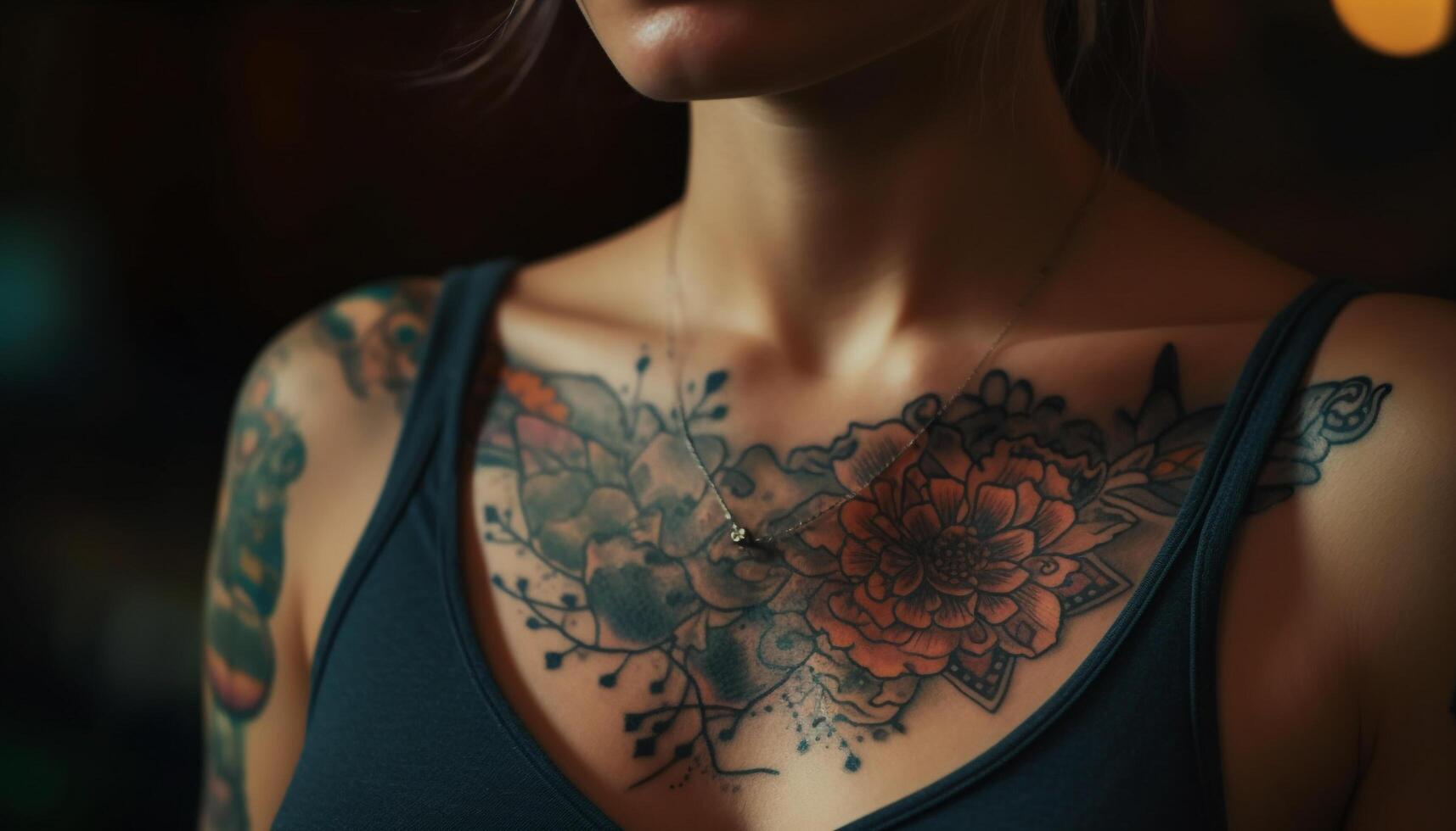 ett ung kvinna tatuerade kropp utstrålar sensualitet och individualitet genererad förbi ai foto