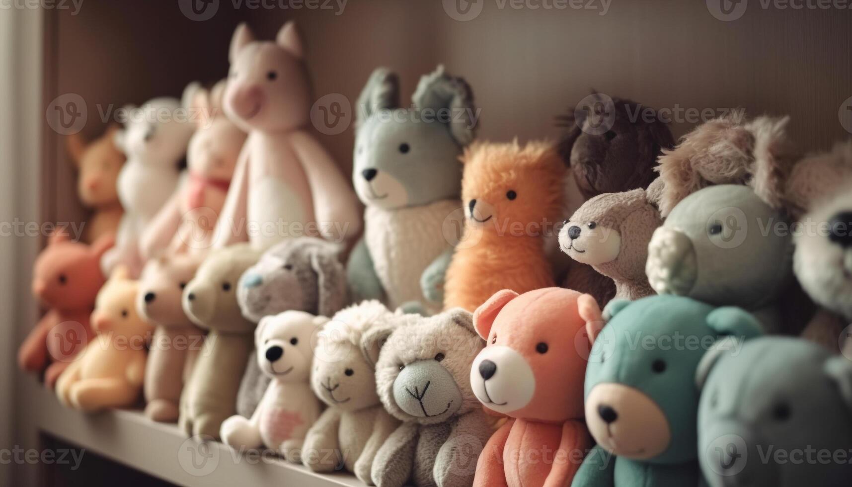 mång färgad fylld leksak samling ger barndom glädje inomhus under vinter- genererad förbi ai foto