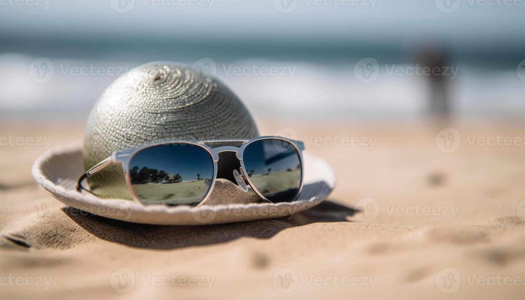 solglasögon, sugrör hatt, badkläder, solbränna lotion perfekt semester väsentliga genererad förbi ai foto