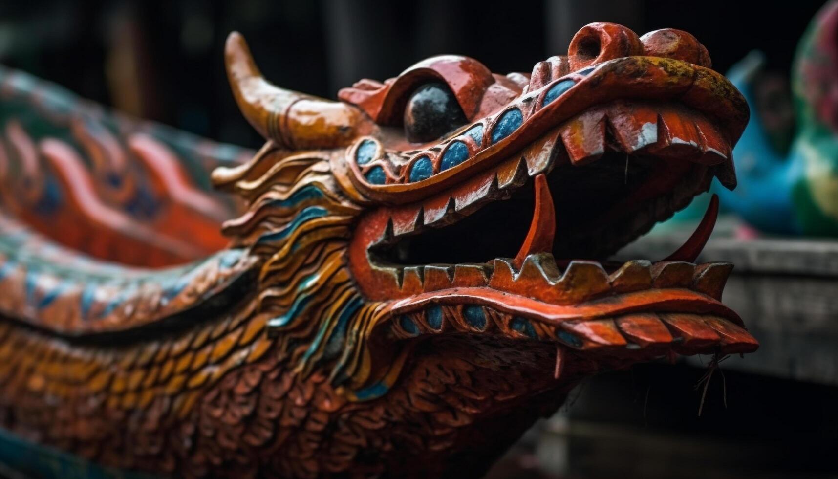 gammal kinesisk drake skulptur, mång färgad, med djur- tänder dekoration genererad förbi ai foto