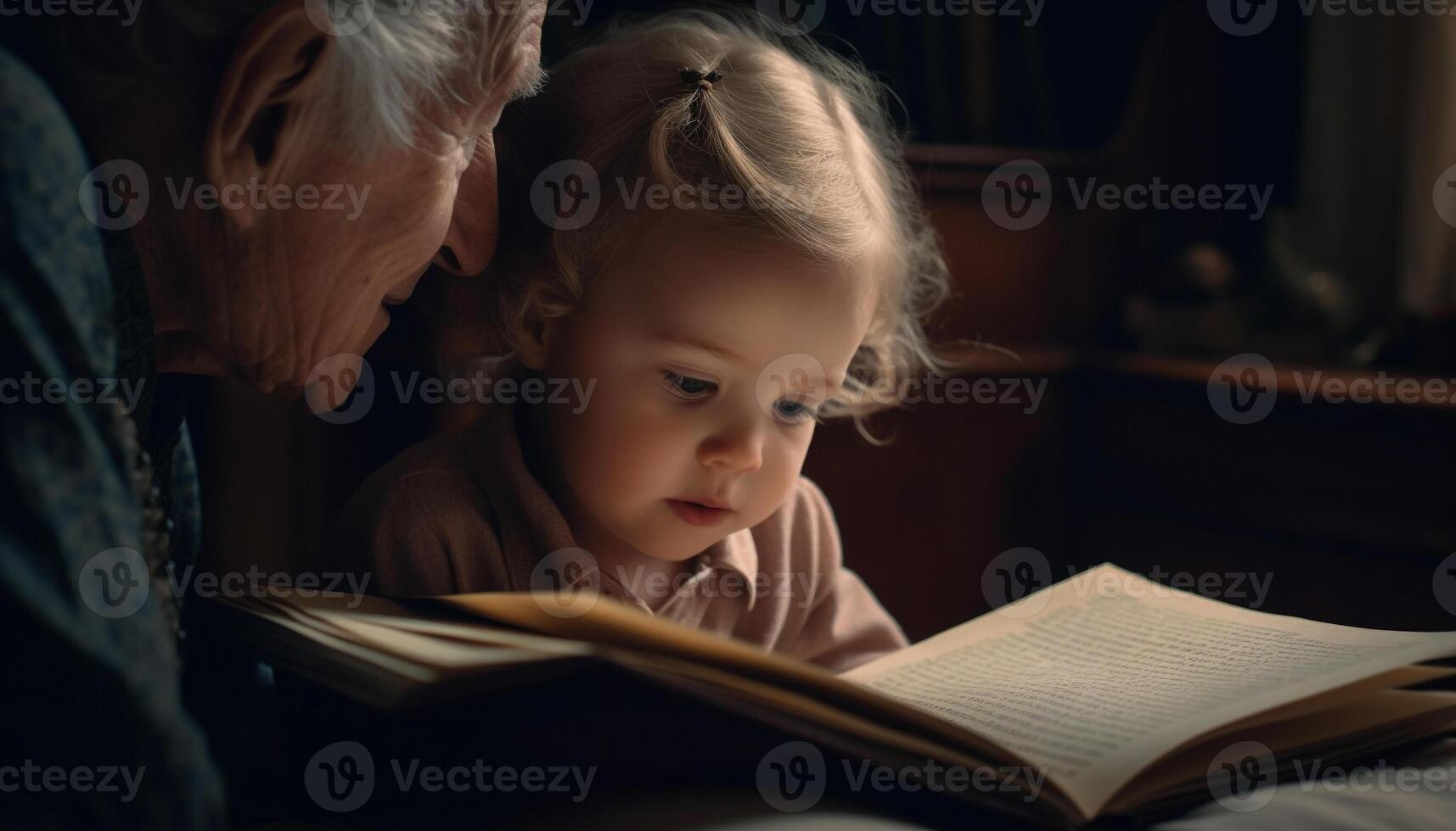 familj bindning genom läsning, inlärning, och berättande inomhus tillsammans genererad förbi ai foto