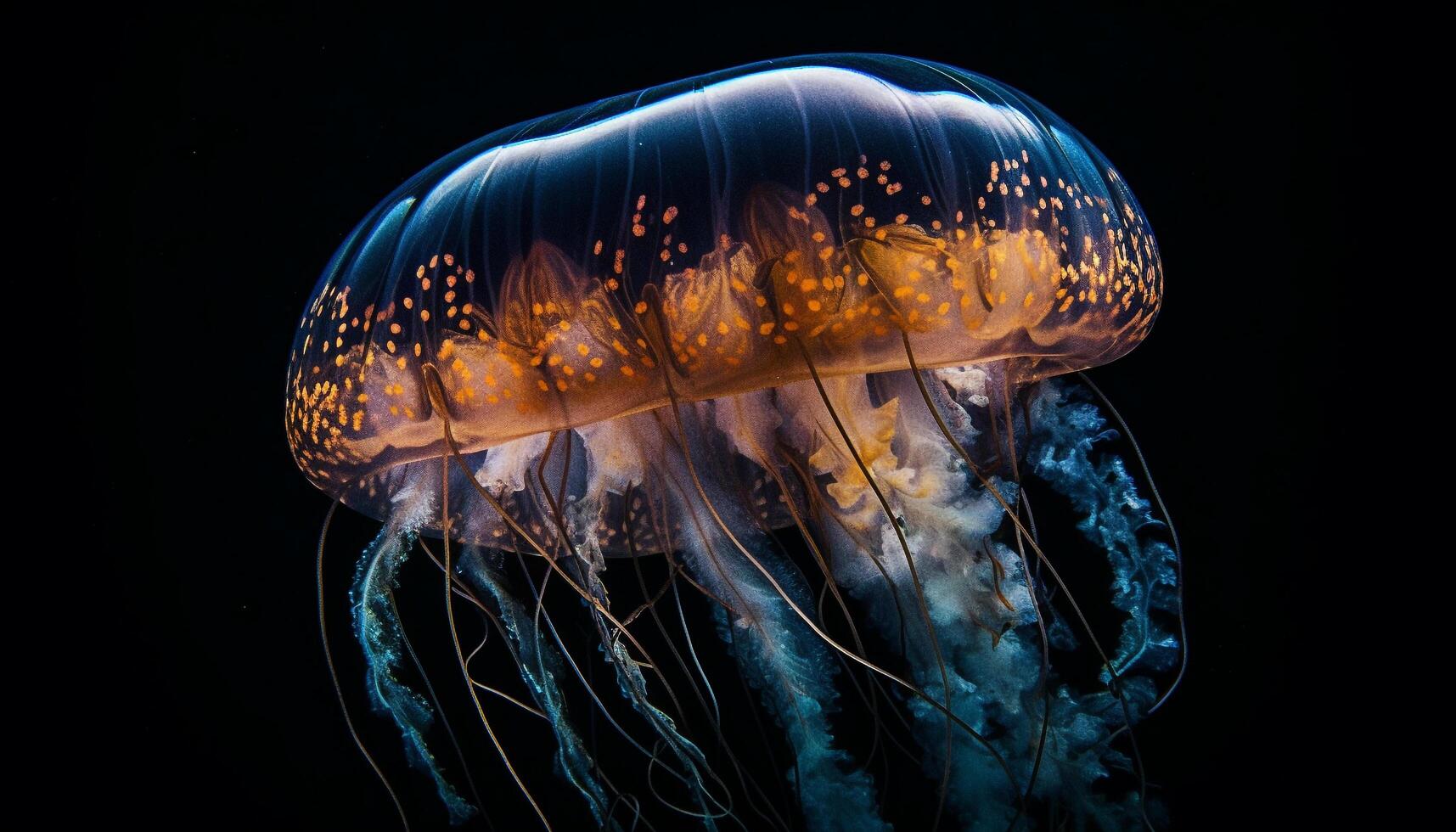 lysande medusa leviterar i djup, mörk under vattnet skönhet genererad förbi ai foto