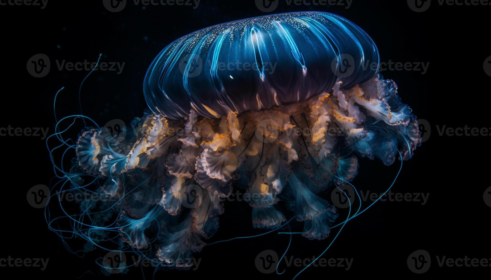 lysande mång färgad nässeldjur tentakler i mörk under vattnet mysterium genererad förbi ai foto