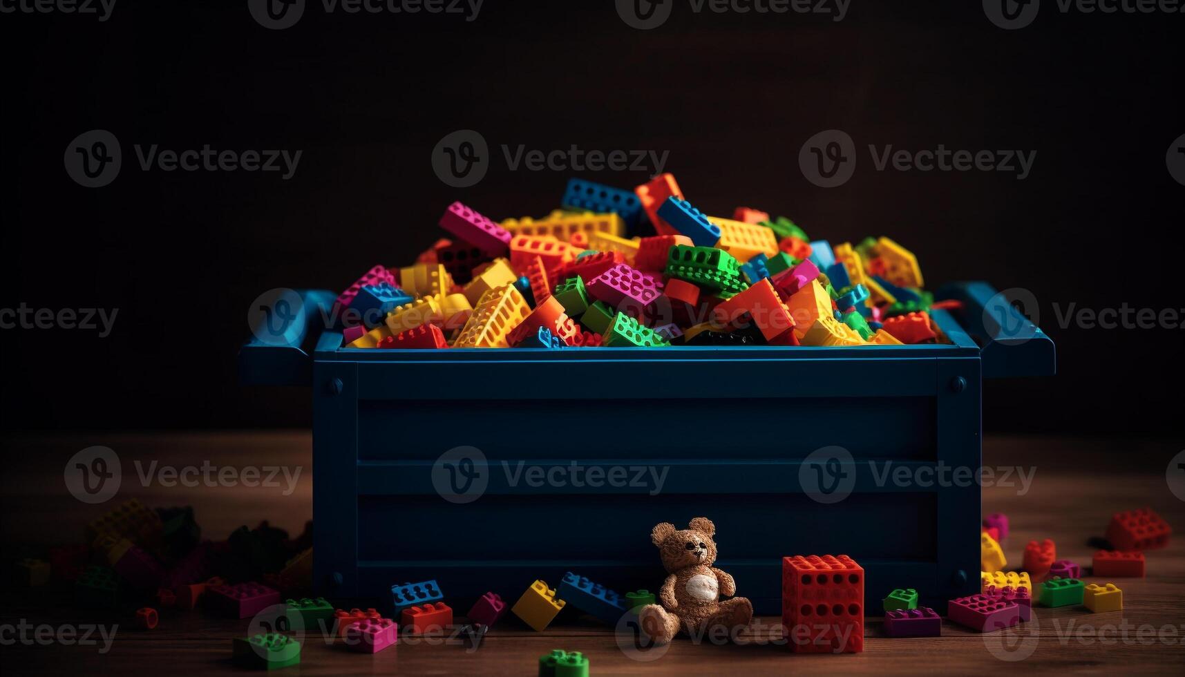 barn färgrik leksak blockera stack på trä- tabell för inlärning kreativitet genererad förbi ai foto
