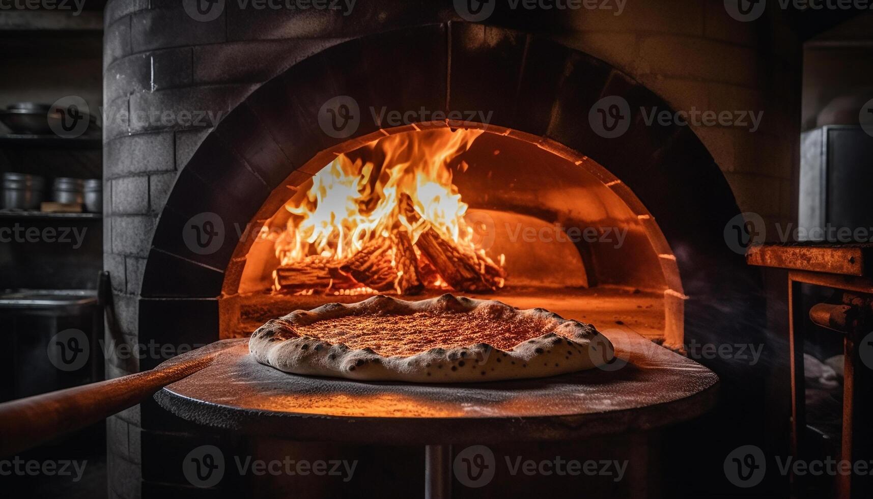 gourmet pizza bakad i rustik trä brinnande spis, lysande med friskhet genererad förbi ai foto