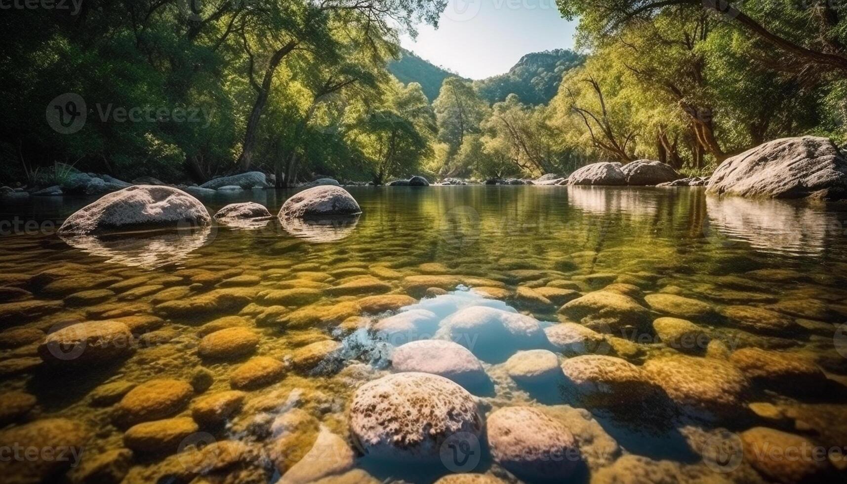 idyllisk lantlig scen lugn damm speglar berg räckvidd i transparent vatten genererad förbi ai foto