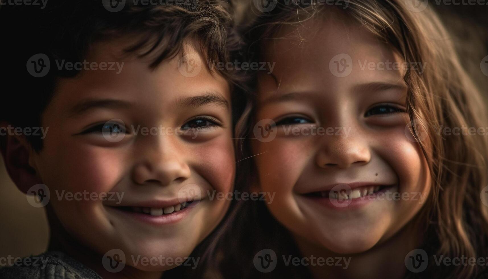 två syskon, en bror och syster, leende i natur glädje genererad förbi ai foto