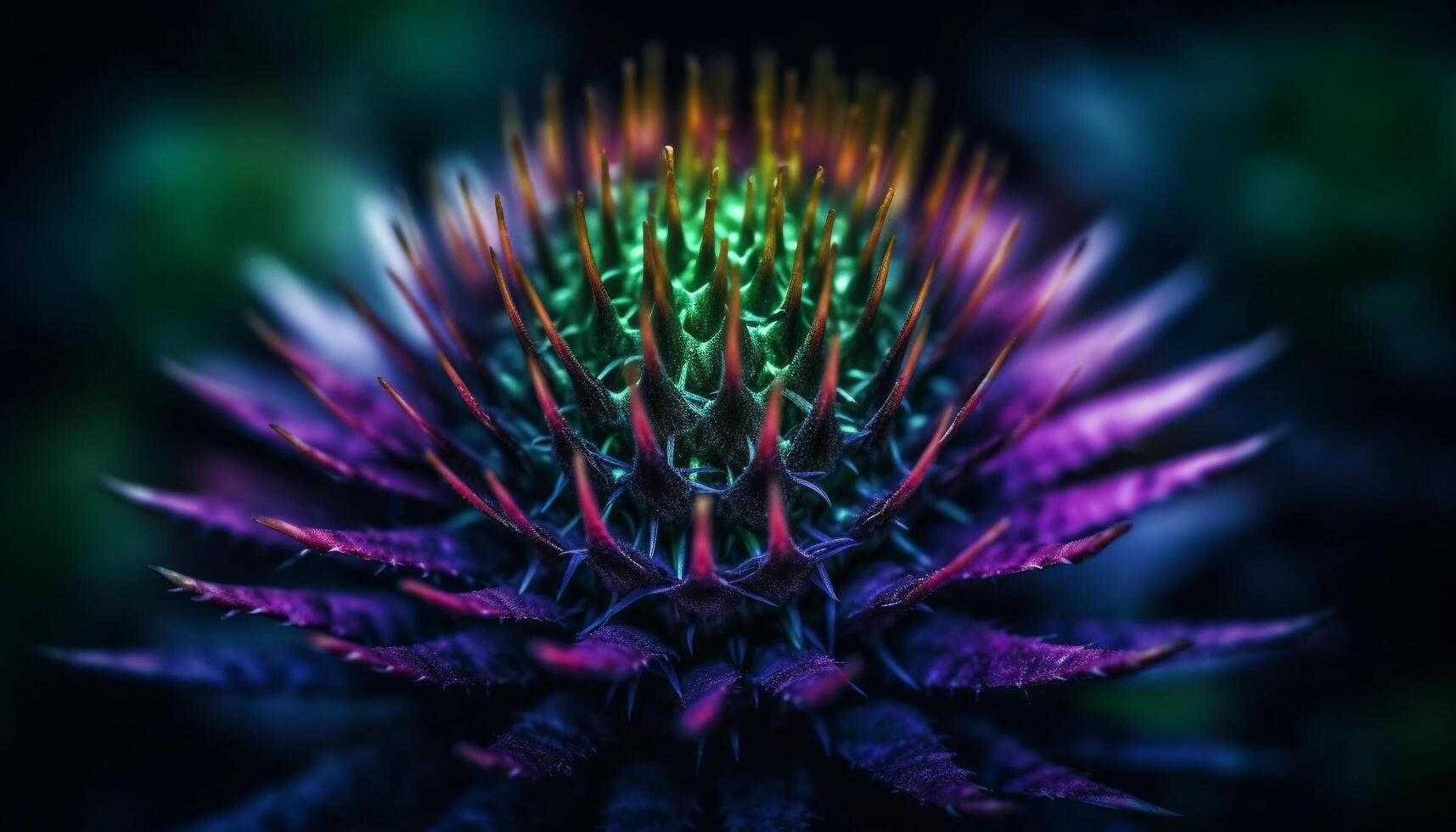 vibrerande tistel spiked med lila, grön, och mång färgad kronblad genererad förbi ai foto