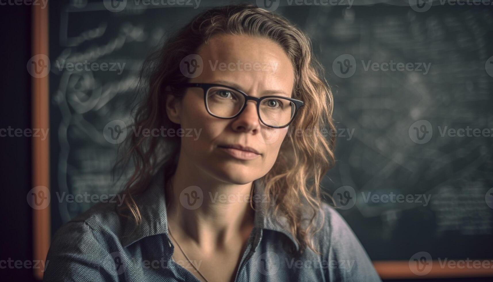 ung vuxen kvinna med brun hår och glasögon studerar inomhus genererad förbi ai foto