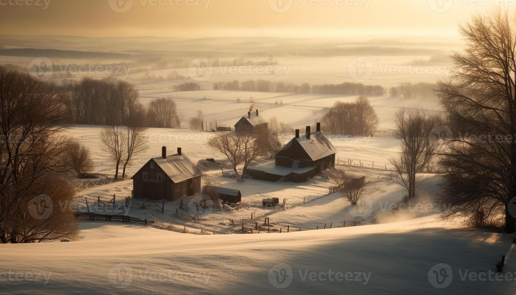 lugn vinter- landskap snö täckt träd, frostig bondgårdar, och isig ängar genererad förbi ai foto