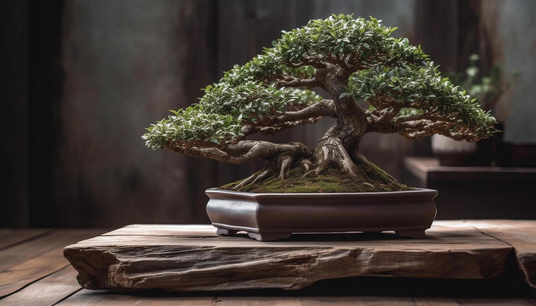 japansk krukmakeri samling ställer ut utsmyckad växt tillväxt i antik vas genererad förbi ai foto