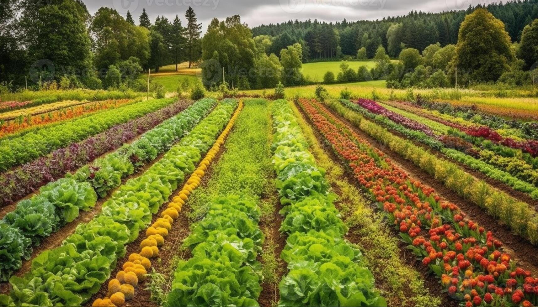 vibrerande lantbruk industri växer friska mat i anlagd lantlig ängar genererad förbi ai foto