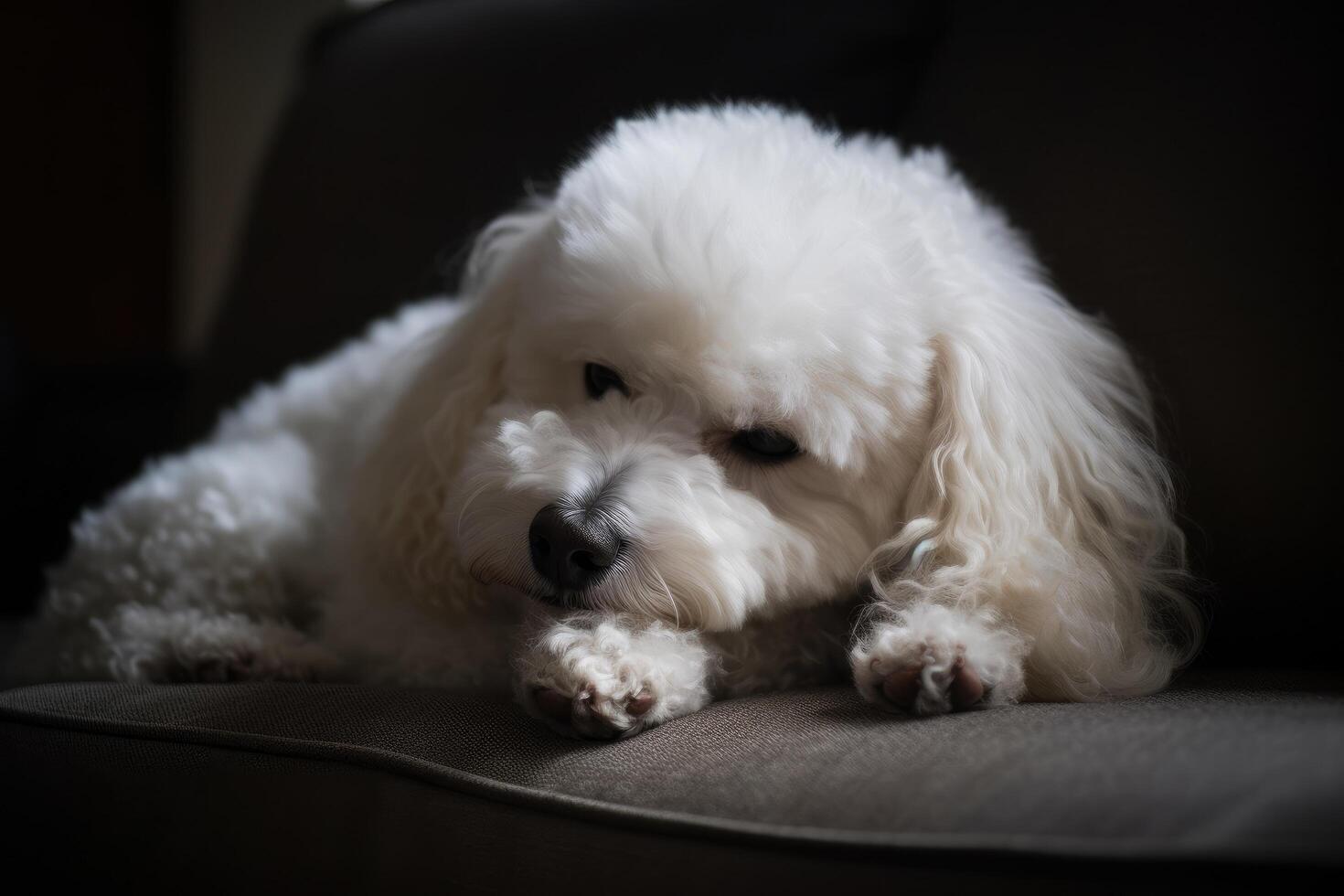 vit bichon frysa hund liggande på de soffa i mörk rum ai genererad foto