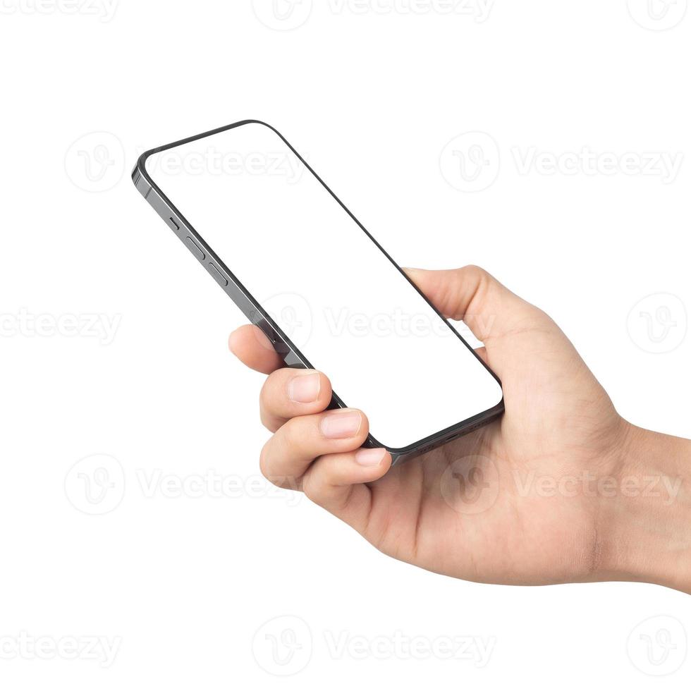 hand som håller smartphone tom skärm mockup foto