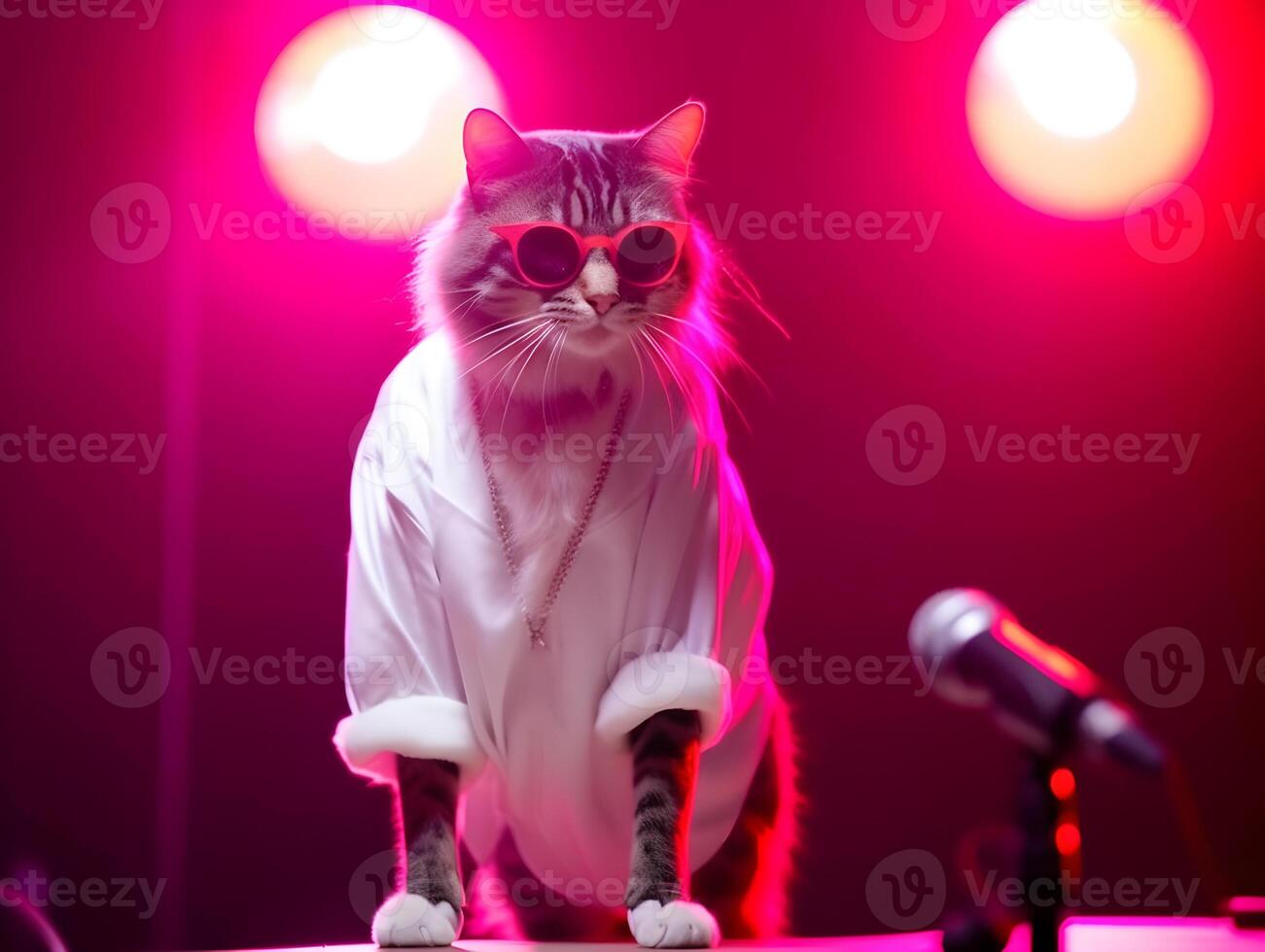 eleganta katt sång på skede. djur- musik festival.ai genererad foto