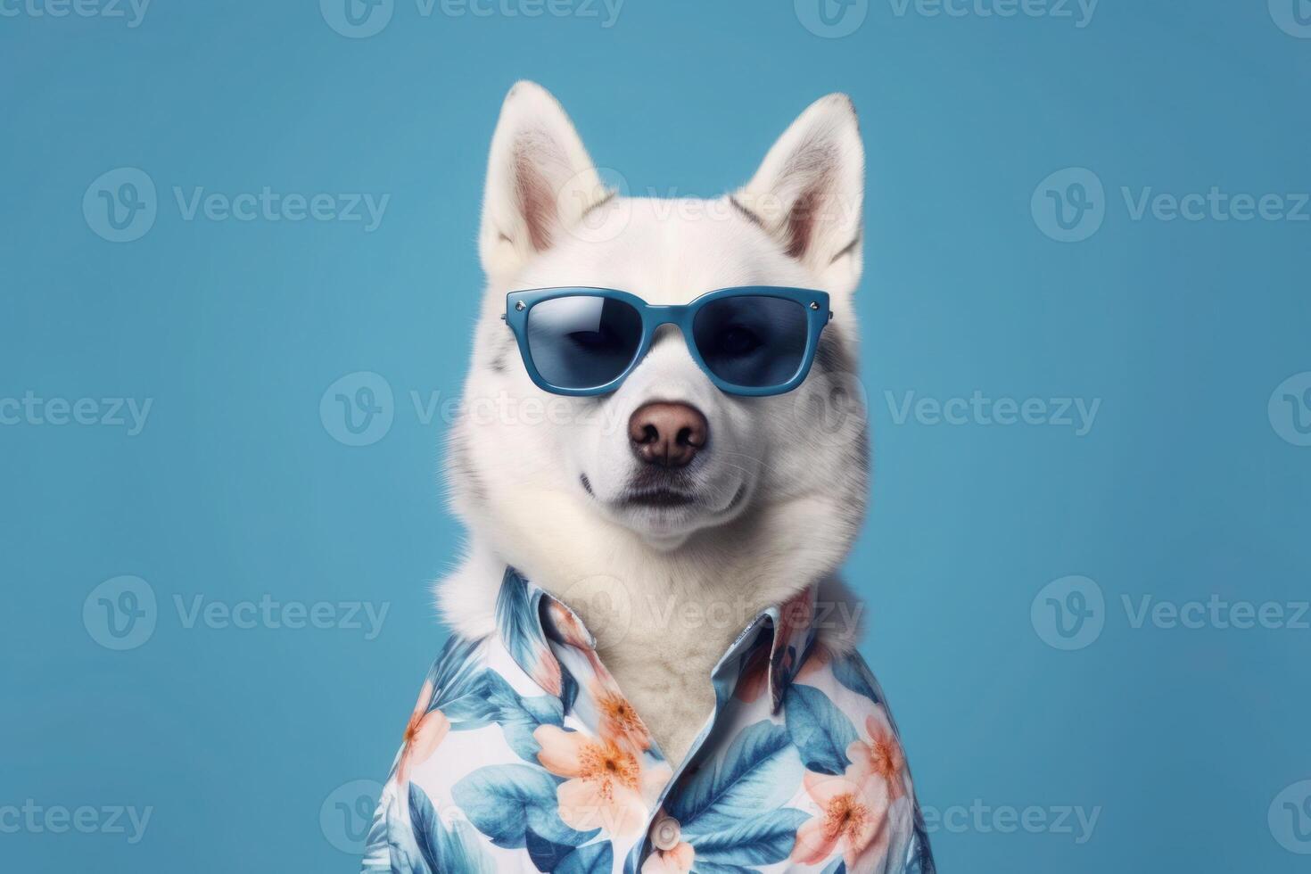 Lycklig sibirisk hes hund porträtt bär solglasögon och sommar tropisk skjorta ser på kamera isolerat på blå lutning studio bakgrund. ai genererad foto