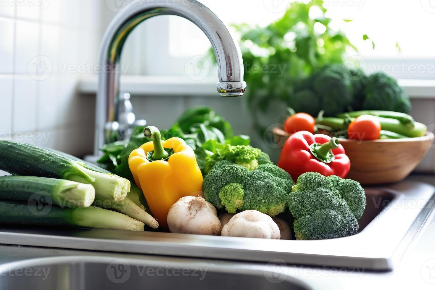 olika grönsaker till tvätta i handfat, ai genererad foto
