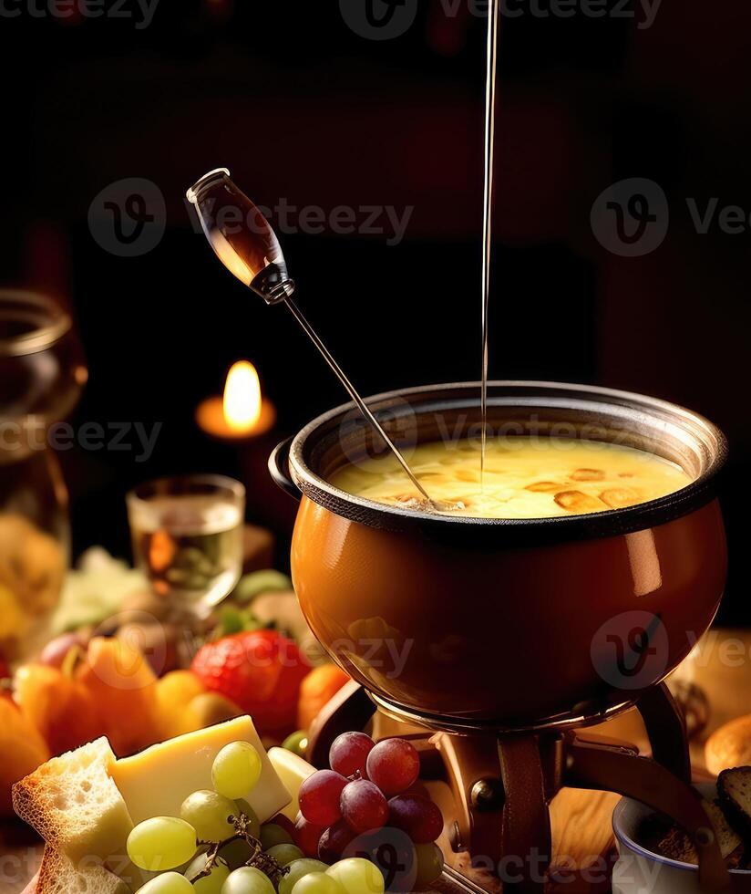 ost fondue med fondue uppsättning, Krutong av bröd och många ost, ai genererad foto