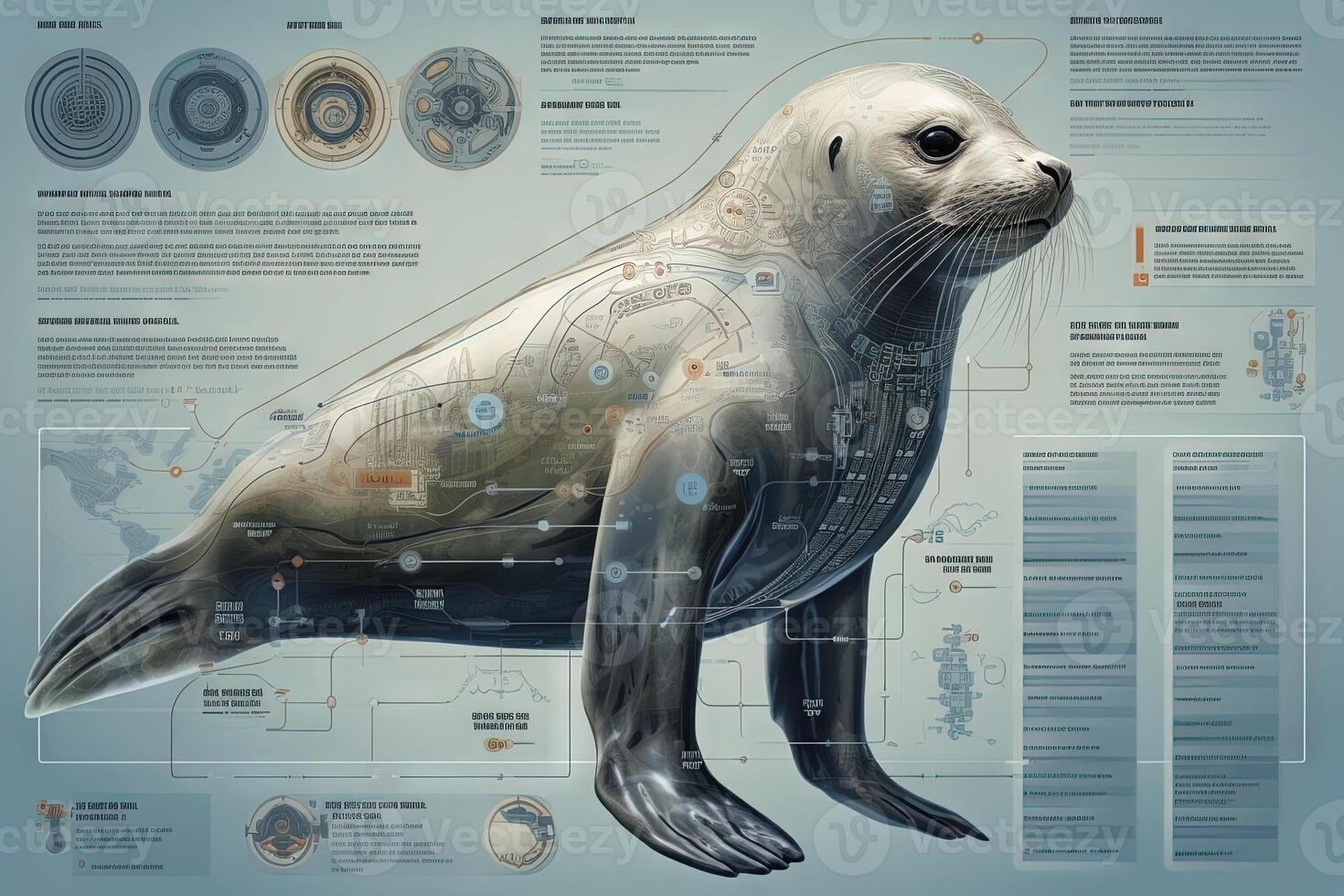 täta cyborg djur- detaljerad infografik, full detaljer anatomi affisch diagram illustration generativ ai foto