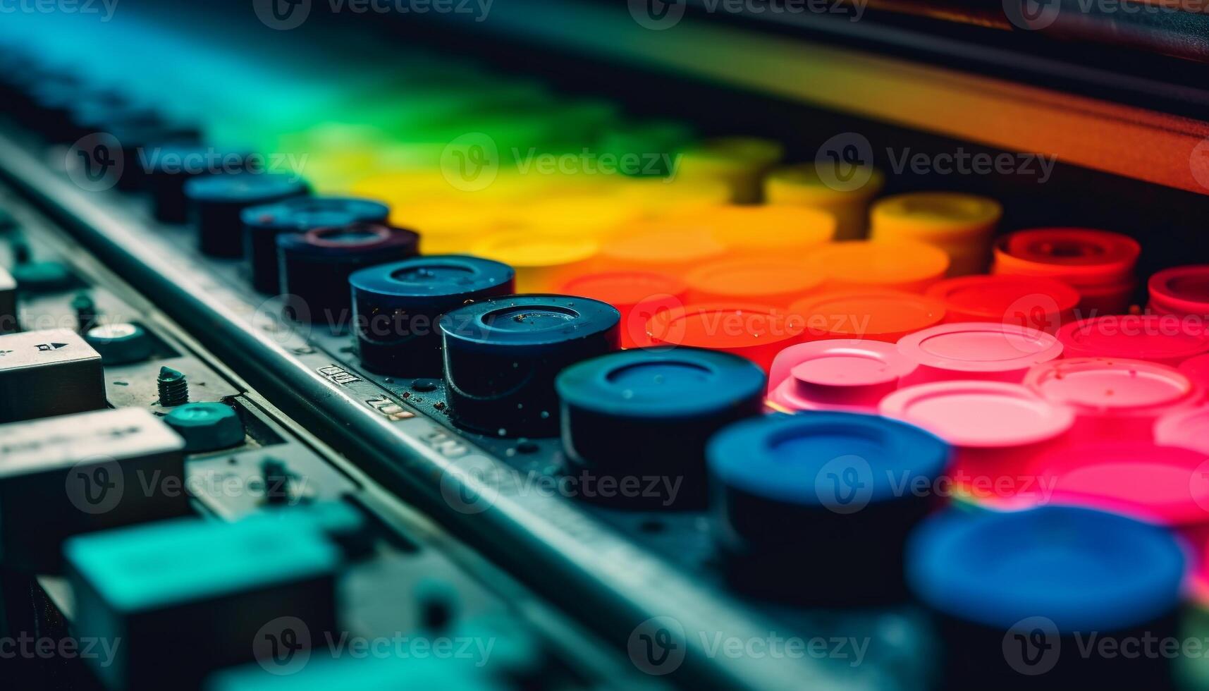 ljud mixer knopp kontroller mång färgad Utrustning i inspelning studio genererad förbi ai foto