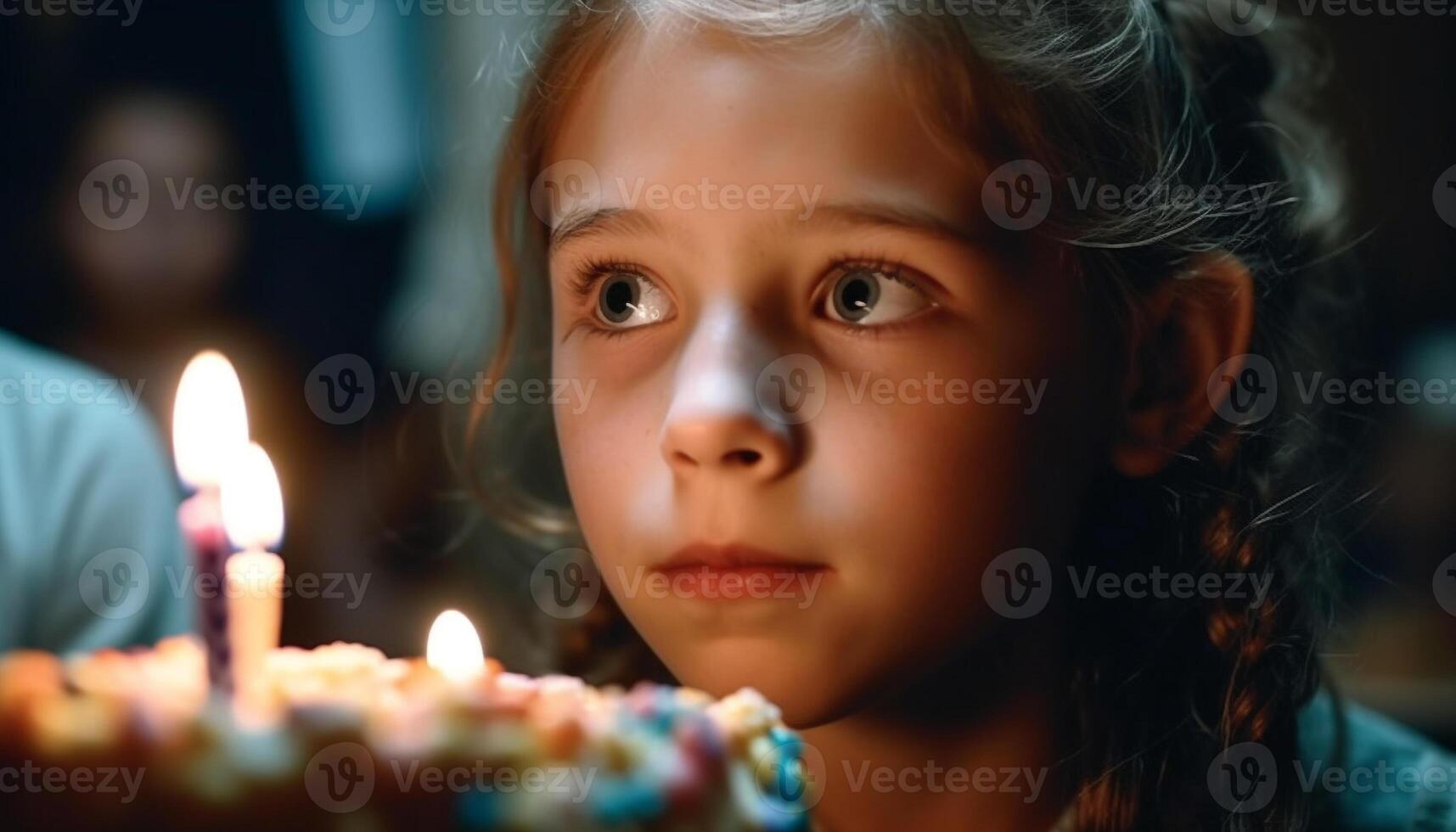 söt caucasian flicka leende med ljus flamma på födelsedag fest genererad förbi ai foto