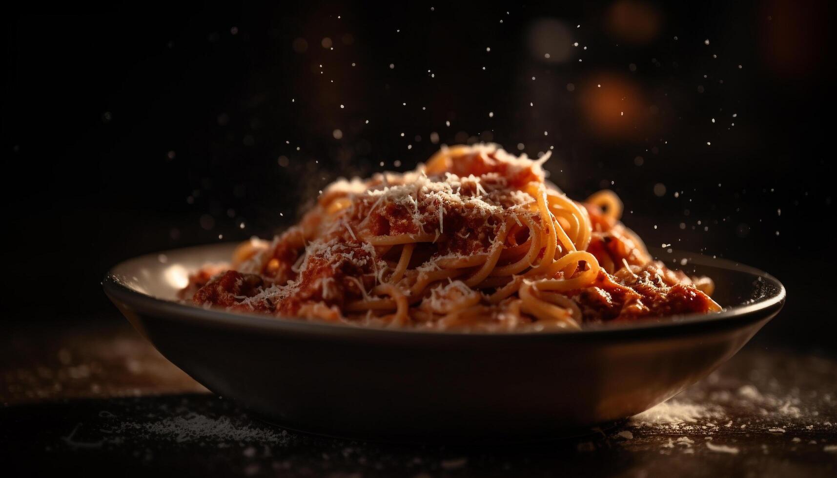 hemlagad bolognese pasta med parmesan ost på rustik tabell genererad förbi ai foto