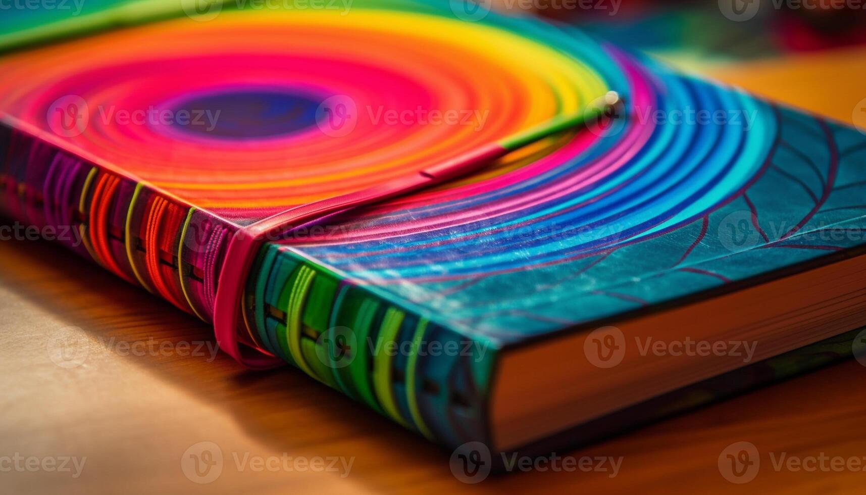 vibrerande färgad bok stack på trä- tabell för studerar litteratur genererad förbi ai foto