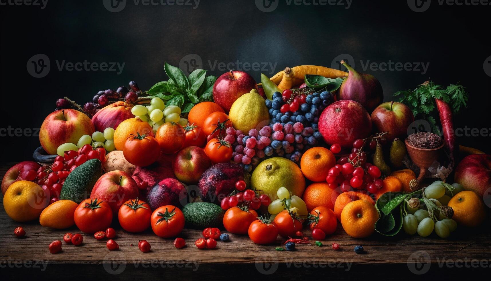 friska livsstil med en mängd av organisk frukt och grönsaker genererad förbi ai foto