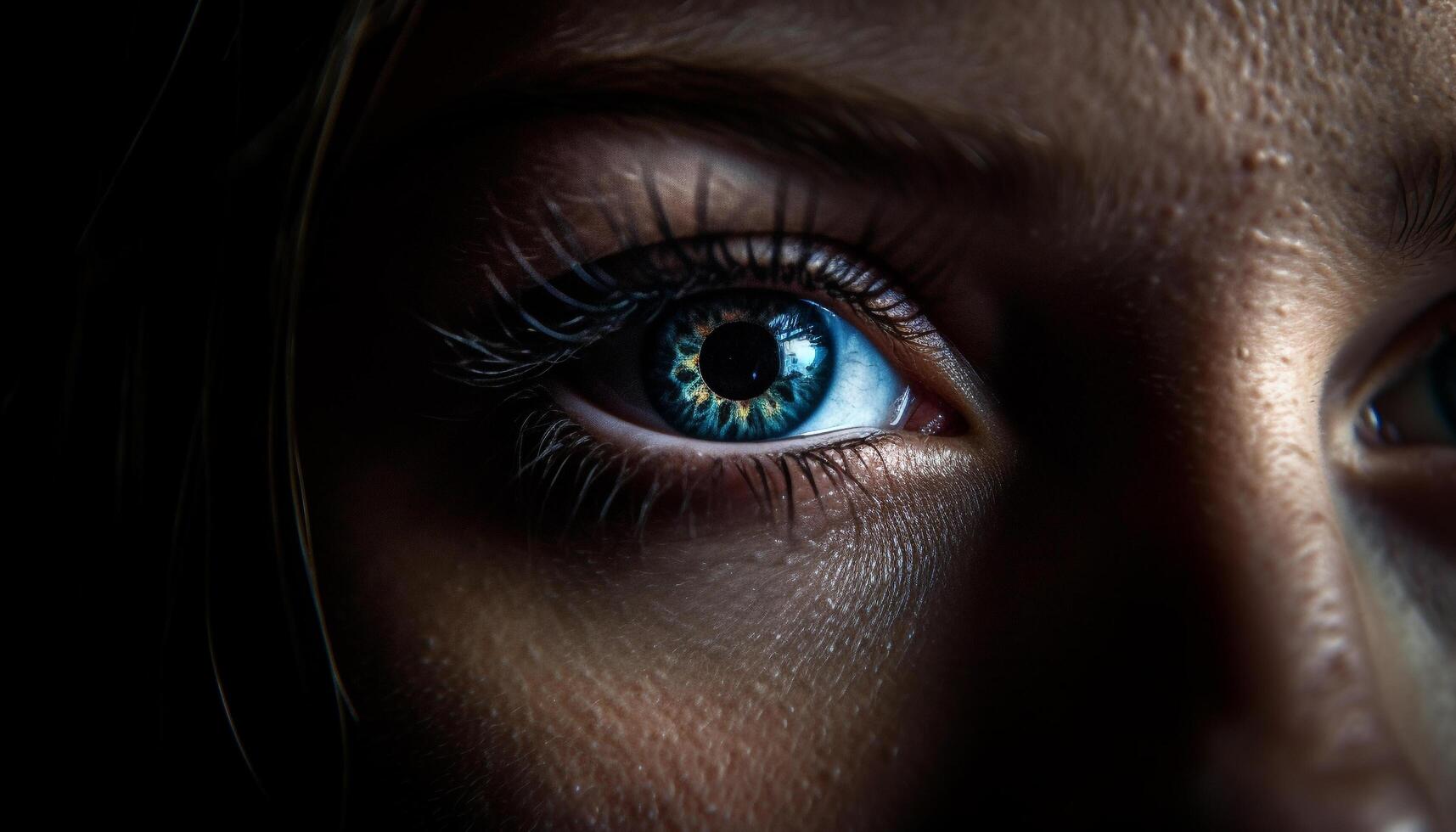 skönhet i blå ung kvinnor stirrande på djur- öga reflexion genererad förbi ai foto