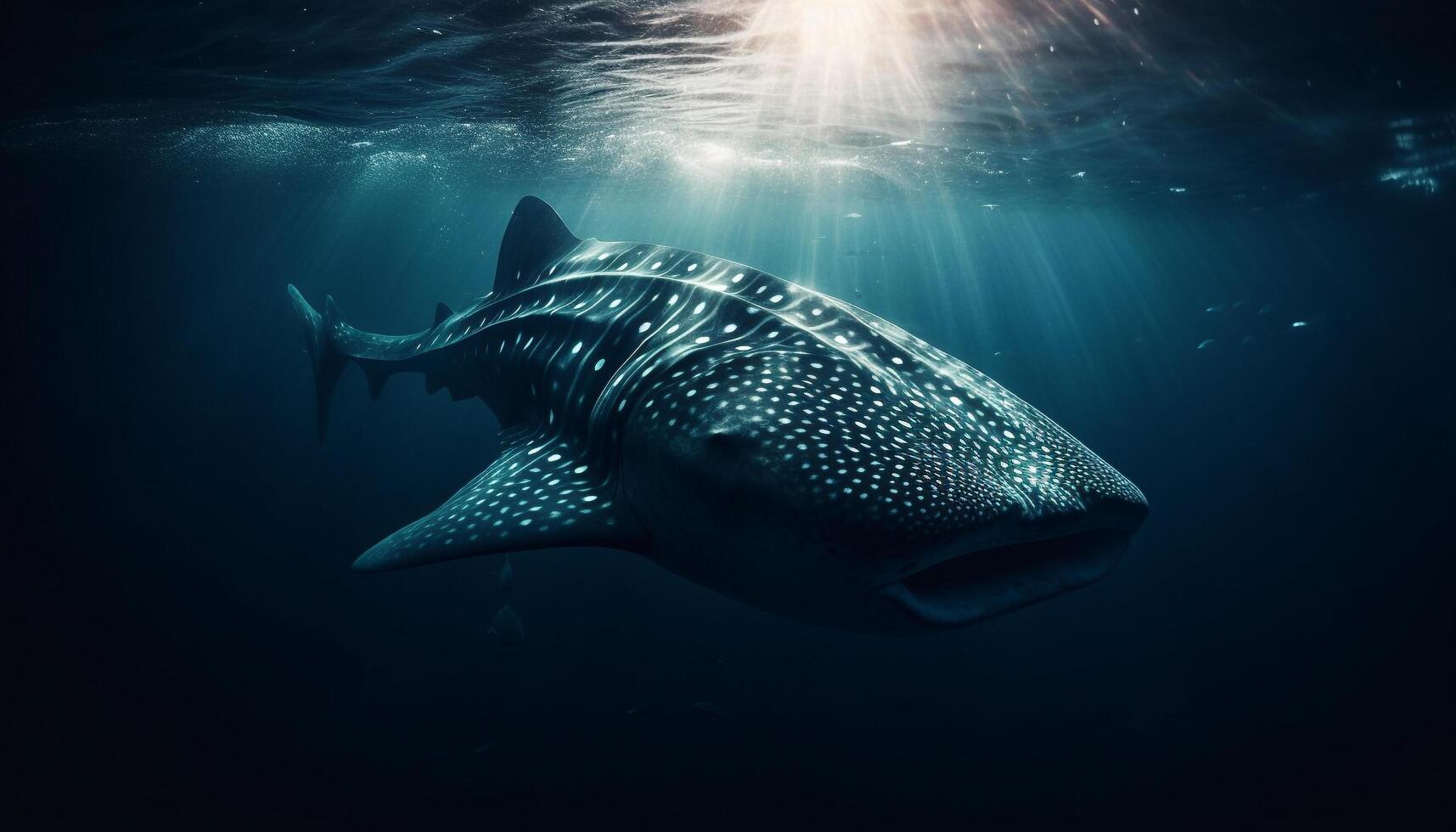 majestätisk jätte val haj simning i mörk, under vattnet rev genererad förbi ai foto
