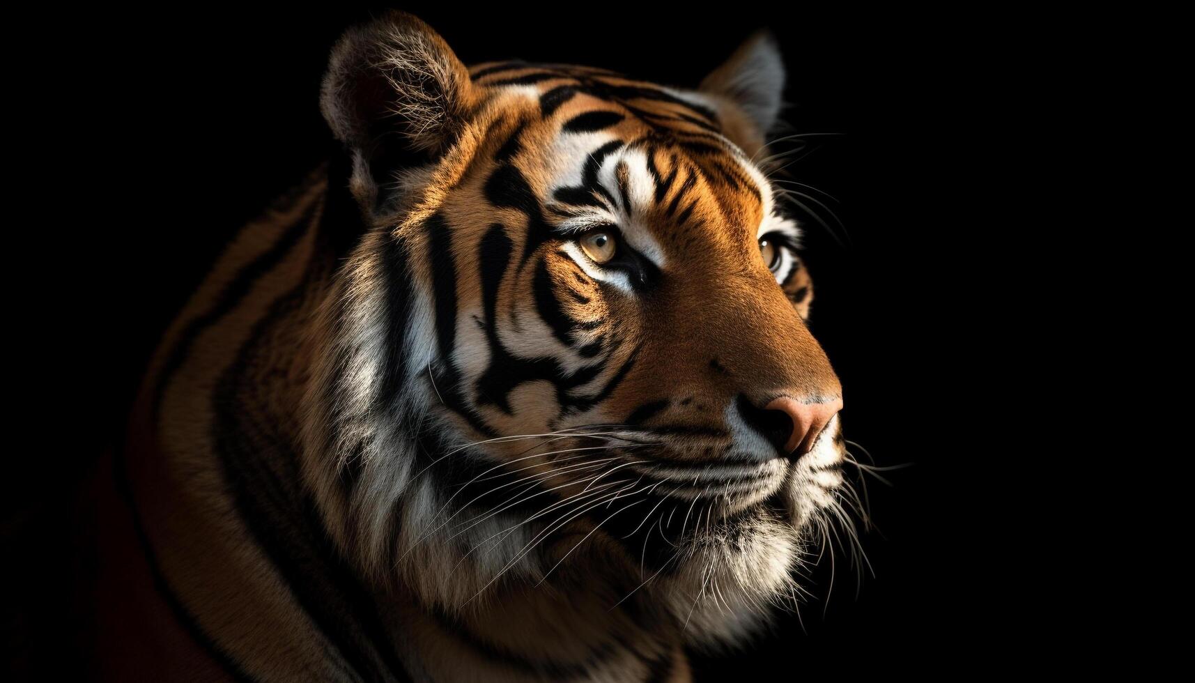majestätisk bengal tiger stirrande med aggression i svart bakgrund genererad förbi ai foto