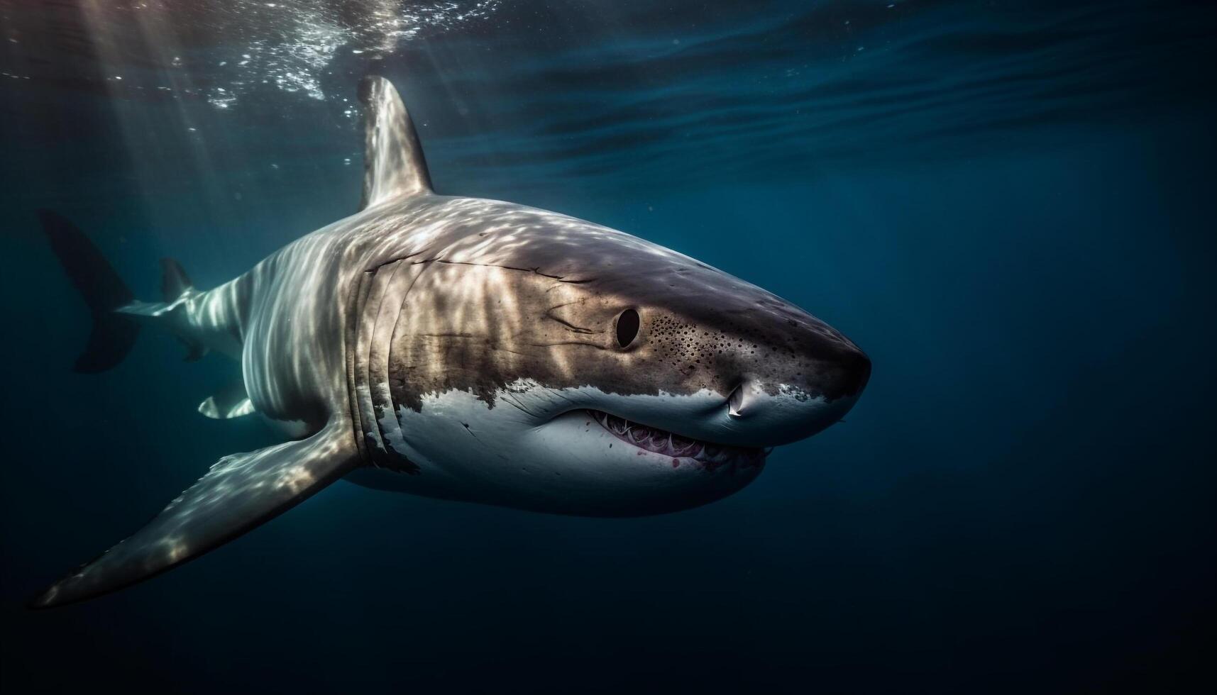 majestätisk delfin simning stänga upp i djup blå tropisk saltvatten genererad förbi ai foto