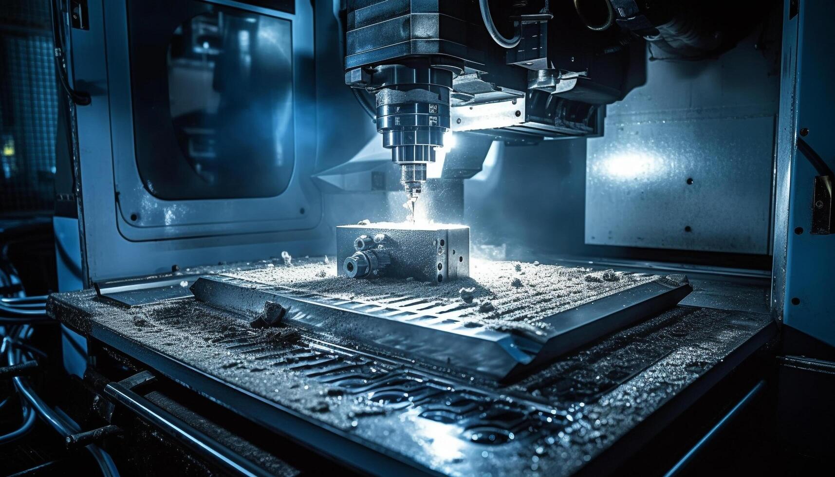 metall industri verkstad precision maskineri, automatiserad produktion linje, robot ärm genererad förbi ai foto